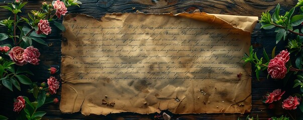 Craft a stunning overhead shot of an elegantly scripted birthday message on a vintage parchment, capturing every detail with a touch of sophistication