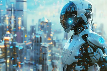 Futuristic robot standing in a high-tech cityscape, illustrating advanced technology, artificial intelligence, and future innovation.