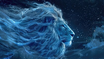 Stunning cosmic lion with flowing mane against a starry night sky, blending majestic animal imagery with a celestial dreamscape.