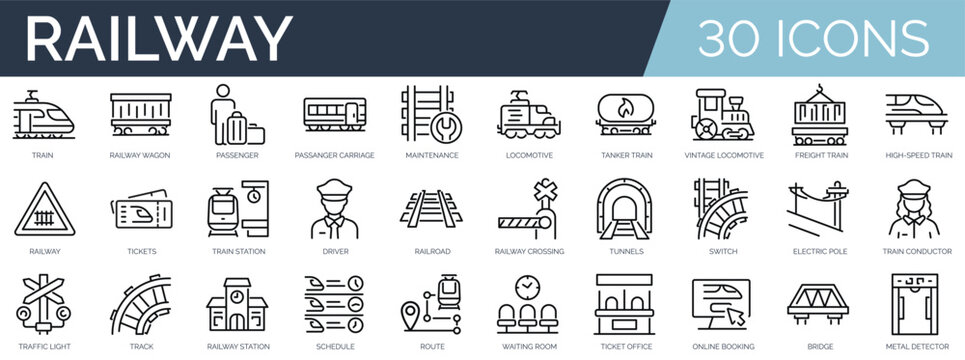 Set of 30 outline icons related to railway. Linear icon collection. Editable stroke. Vector illustration