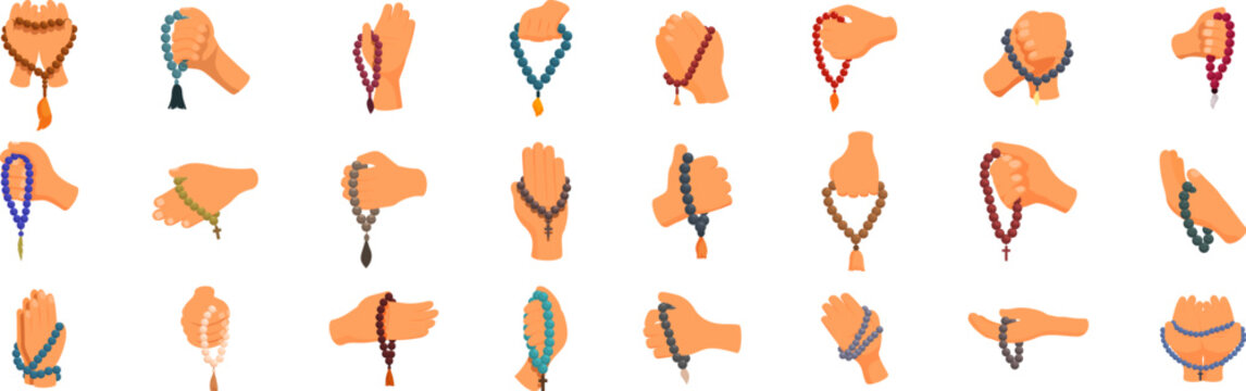 Prayer beads icons set. Set of diverse hands gently holding and manipulating prayer beads, highlighting different ways people find peace and spiritual connection