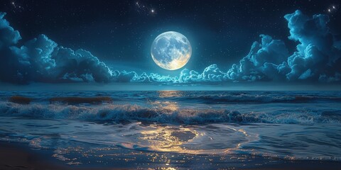 Tranquil Nighttime Seascape with Full Moon