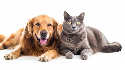 Fototapeta premium Golden Retriever and Gray Cat Together, Generative AI