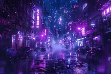 Obraz premium Neon Cyberpunk City, Urban Future Metaverse, Night Purple Street Texture Background, Copy Space