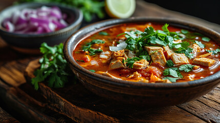 Delicious Chicken Curry In A Black Bowl On Wooden Table On Blurry Background
