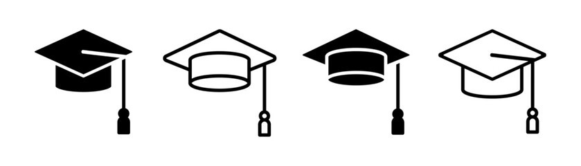 Graduation cap vector icon set isolated. Graduation hat sign, symbol in line and flat style isolated on white background. Vector illustration