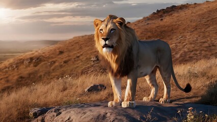 Strong and confident lion on a hill. (High Quality Wallpaper Wild Photography)