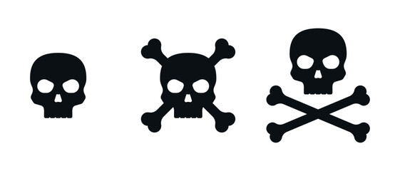 Skulls and crossbones. Skulls with crossbones icons collection isolated on white background. Death logo, symbol, sign. Pirate symbol. Vector graphic.