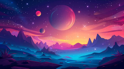 Naklejka premium galaxy space pattern with constellations and planets. Space. Background image. Vector. Illustration. Planets. Night space game background with ground, mountains, stars, Saturn and Earth in sky. 