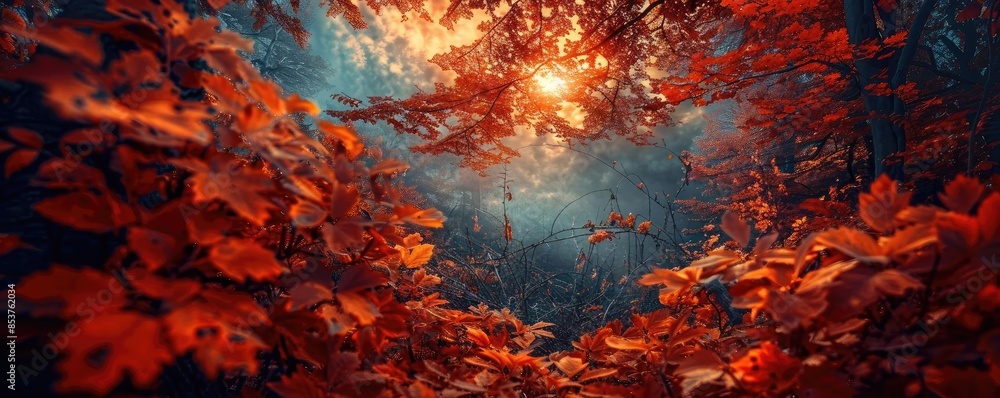 Poster enchanting autumn forest scene with vibrant red foliage and warm sunlight filtering through the tree