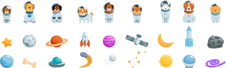 Dog astronaut icons set. Collection of cute dogs in spacesuits, accompanied by planets, rockets, and other space related elements
