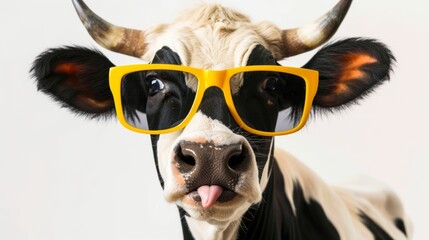 Funny black and white photo of a dairy cow. Wear yellow sunglasses and lick your nose. Isolated on a white background