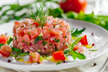 Tuna Tartar, Tatar or Tar-Tar, Chopped Red Fish Fillet, Vegetables and Greens on White Plate