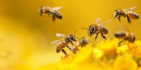 Bees, yellow flowers, pollination, nature, vibrant, dynamic, ecosystem, macro photography