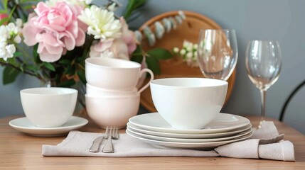 A cozy dining table with plates and cutlery accompanied by a floral arrangement