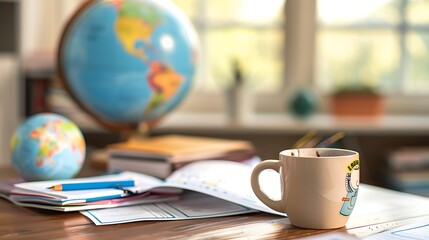 A teacher's desk with a coffee mug, a stack of lesson plans, and a globe, with copy space on the left for text