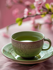 Green tea in a ceramic cup with pink blossoms in the background.