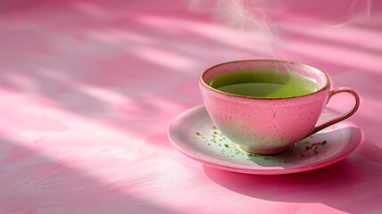 A steaming cup of green tea on a pink saucer and background.