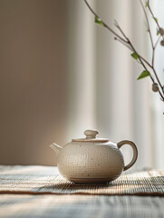 A ceramic teapot on a woven mat with a branch in the background.