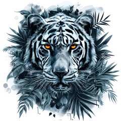 Majestic white tiger full face and tropic leaves, isolated on a white background. Animal protection concept.