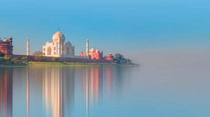 Taj Mahal mausoleum reflected in Yamuna river - Agra, Uttar Pradesh, India