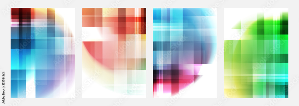 Poster Blurred bright colored abstract backgrounds with vertical and horizontal dynamic lines. Round stains. Futuristic defocused vibrant color gradients for creative graphic design. Vector illustration.