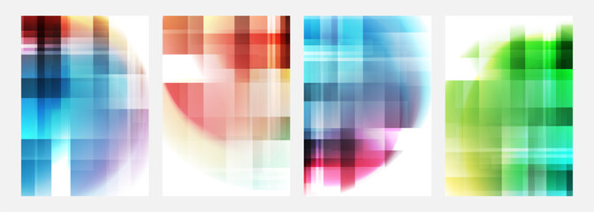 Blurred bright colored abstract backgrounds with vertical and horizontal dynamic lines. Round stains. Futuristic defocused vibrant color gradients for creative graphic design. Vector illustration.