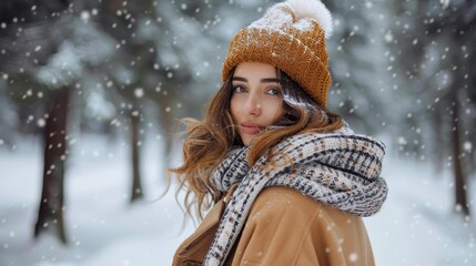 Fototapeta premium A woman poses with pouting lips, draped in winter garments, against a snowy forest backdrop