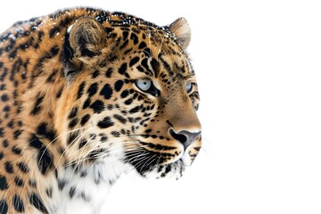 Fototapeta premium Close-up of a beautiful leopard's face in profile, isolated on a white background. Animal protection concept.
