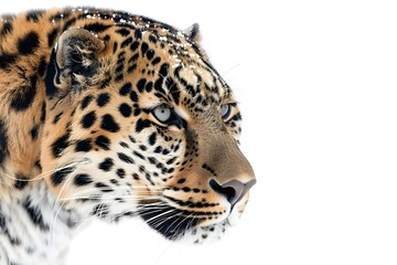 Fototapeta premium Close-up of a beautiful leopard's face in profile, isolated on a white background. Animal protection concept.
