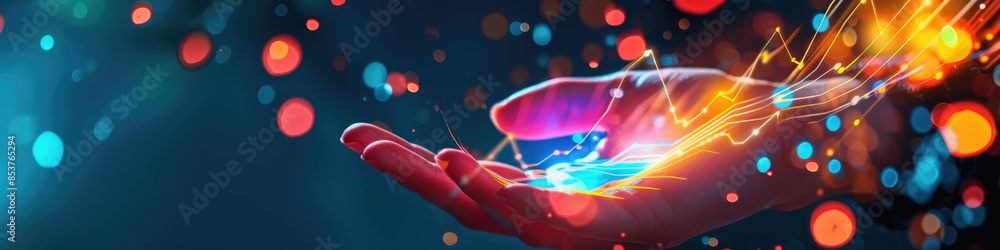 Poster a close-up image of a hand holding abstract lights, with a bokeh effect in the background