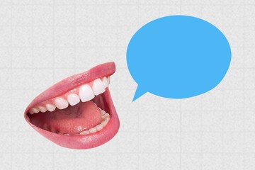 Collage creative illustration open speak 
 mouth communication