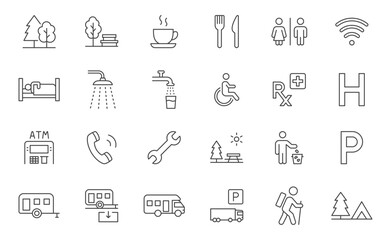 Camping road signs line icon set. Trailer park, RV waste water dump, hiking trail, green zone, lodging, picnic area outline vector illustration. Simple linear pictogram for tourism. Editable Stroke