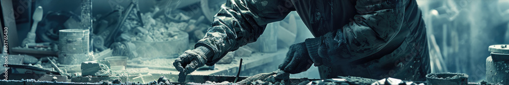 Poster a worker wearing a dark jacket uses a tool while standing in a cluttered workshop