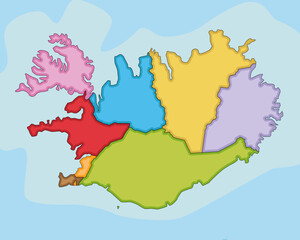 Vector illustrated blank map of Iceland with regions and administrative divisions. Editable and clearly labeled layers.