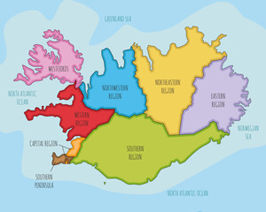 Vector illustrated map of Iceland with regions and administrative divisions. Editable and clearly labeled layers.