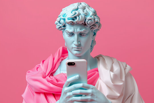 Classical statue with modern twist using smartphone. Digital age meets ancient art in a playful context."