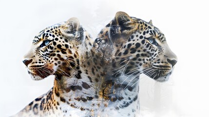 Naklejka premium Double exposure of a pair of leopards in profile, isolated on a white background. Animal protection concept.