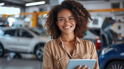 Confident African descent woman smiling at camera in car showroom