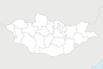 Vector regional blank map of Mongolia with provinces and administrative divisions, and neighbouring countries and territories. Editable and clearly labeled layers.