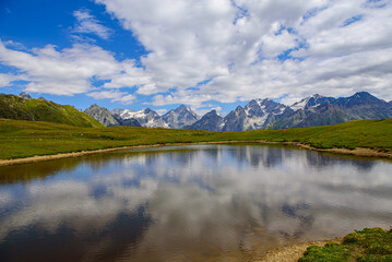 Beautiful mountain landscapes in mestia Georgia . Aerial view at the Koruldi lakes in Caucasus