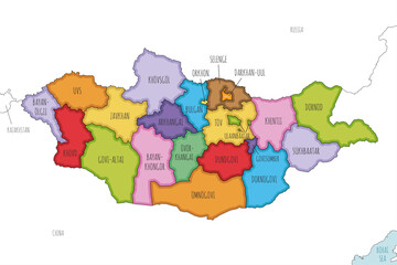 Vector illustrated regional map of Mongolia with provinces and administrative divisions, and neighbouring countries and territories. Editable and clearly labeled layers.