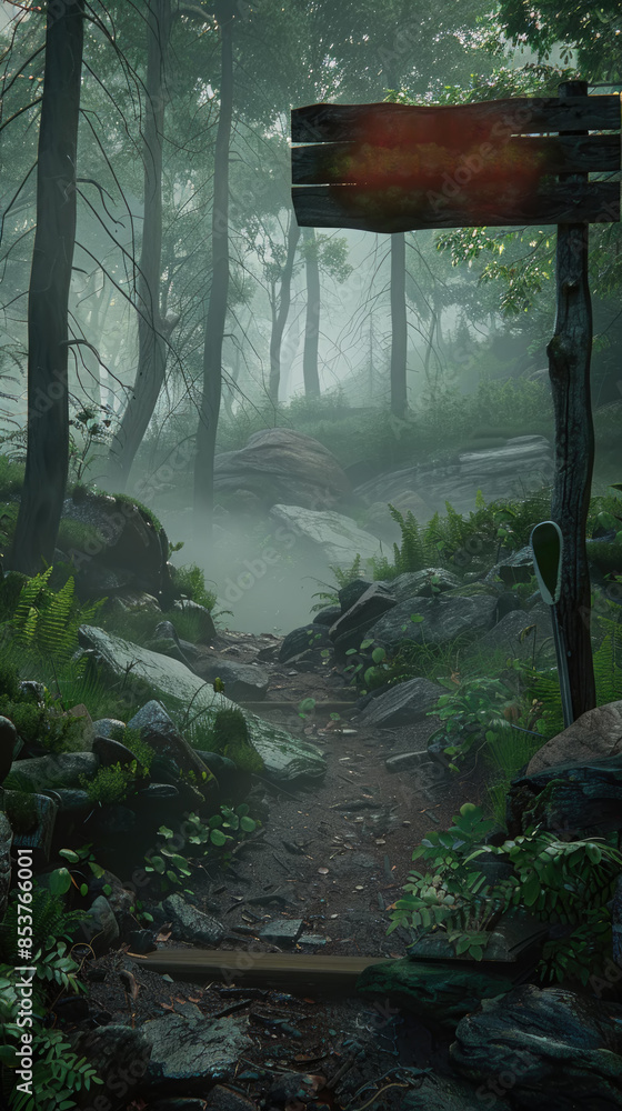 Poster a path winds through a dense, foggy forest, with a wooden signpost pointing the way forward