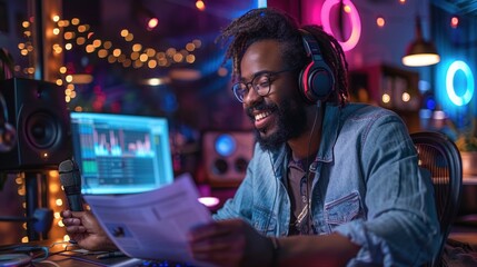 Smiling and gesturing radio host with headphones reading news from paper into studio microphone