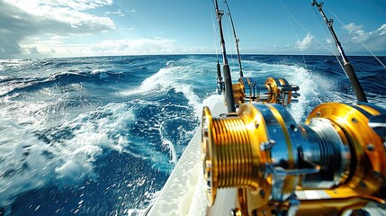 High-quality fishing equipment mounted on a boat with a deep blue ocean backdrop