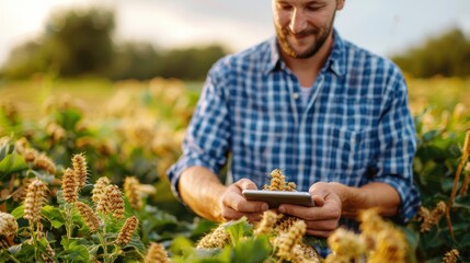 Close-up shot of a farmer examining crops and holding a tablet on a sunny day in the field