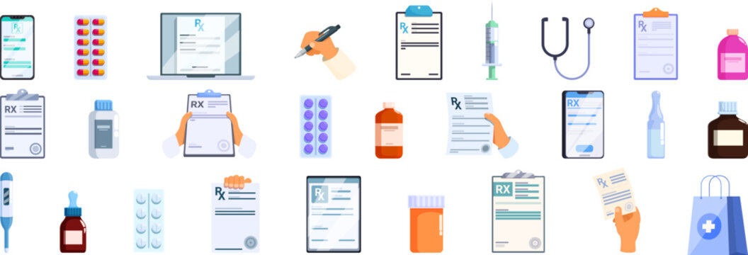 RX form icons set. Pharmacist holding rx prescription form, doctor writing prescription, medication, pills and bottles, online medicine