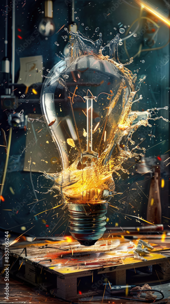 Poster a light bulb explodes in a workshop, sending shards of glass and a spray of liquid into the air