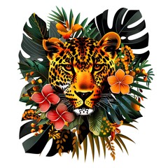 Close-up of a Front view portrait of black leopard among tropical leaves and flowers, isolated on a white background.
