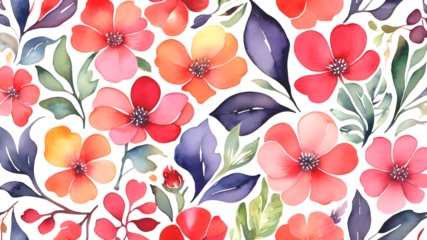 Beautiful colorful flowers and leaves flower pattern background Floral pattern illustration isolated on transparent background